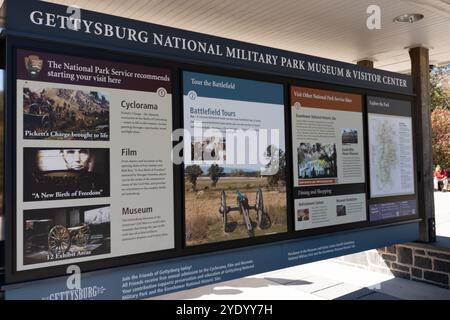 Gettysburg, Pennsylvanie, États-Unis – 19 octobre 2024 : panneaux au musée et centre d'accueil du parc militaire national de Gettysburg. Banque D'Images