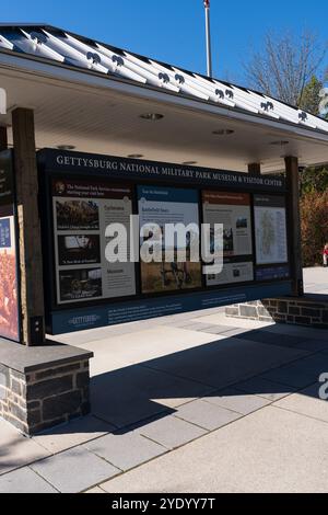 Gettysburg, Pennsylvanie, États-Unis – 19 octobre 2024 : panneaux au musée et centre d'accueil du parc militaire national de Gettysburg. Banque D'Images