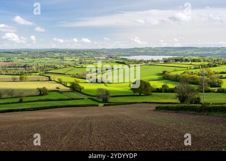 Un patchwork de champs agricoles, de villages et de petits bois remplit le paysage autour du lac Chew Valley dans le nord du Somerset. Banque D'Images