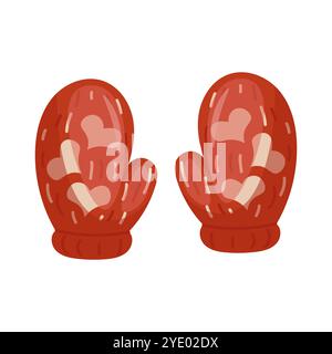 Une paire de moufles tricotées orange avec des coeurs sur un fond blanc. Illustration vectorielle Illustration de Vecteur