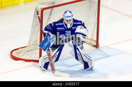 Kloten, Suisse, 9 octobre 2024 : #39 Sandro Zurkirchen, gardien de but EHC Kloten. (Photo Andreas Haas/dieBildmanufaktur) Banque D'Images