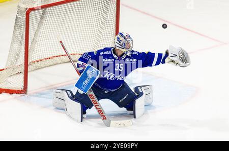 Kloten, Suisse, 11 octobre 2024 : #35 Ludovic Waeber, gardien de but EHC Kloten. (Photo Andreas Haas/dieBildmanufaktur) Banque D'Images