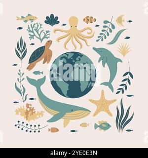 Illustration d'art plat mettant en scène la Terre entourée par divers éléments océaniques. Illustration de Vecteur