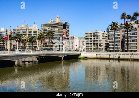 Magnifique paysage urbain de la rivière Estero à Viña del Mar, région de Valparaiso, Chili pendant le coucher du soleil Banque D'Images