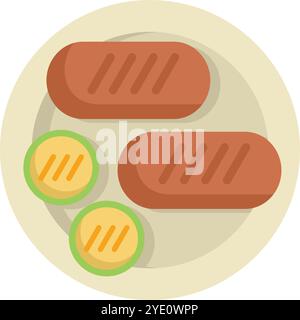 Les saucisses grillées avec des marques de grillage et des tranches de courgettes sont servies sur une assiette vue d'en haut Illustration de Vecteur