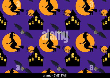 Motif d'Halloween sans couture effrayant avec des sorcières sur des balais, des châteaux hantés, des chauves-souris et une pleine lune sur un fond violet. Parfait pour Halloween de Illustration de Vecteur