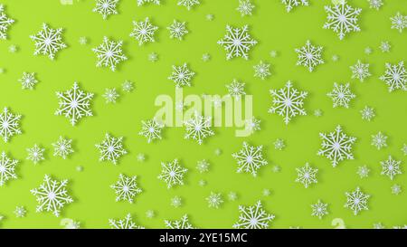 Joyeux Noël flocons de neige blancs. Bonne année. Flocons de neige d'hiver fond vert. Jours fériés. Fond blanc. illustration 3d. Banque D'Images