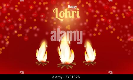 Joyeux festival de vacances indien Lohri fond rouge de feu de joie lumineux. Gratitude pour la récolte. Concevoir l'affiche de bannière de carte d'invitation. Illustration vectorielle. Illustration de Vecteur