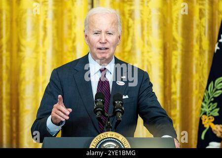 Washington, États-Unis. 28 octobre 2024. Président Joe Biden s'exprimant lors d'une réception en l'honneur de Diwali à la Maison Blanche à Washington, DC (photo de Michael Brochstein/Sipa USA) crédit : Sipa USA/Alamy Live News Banque D'Images