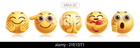 Emoji Caring 3d émoticônes jeu de vecteurs de caractères. Émoticône expression faciale dans des éléments graphiques amicaux, salutaires, gentils, approuvés, câlins et heureux visage. Illustration de Vecteur