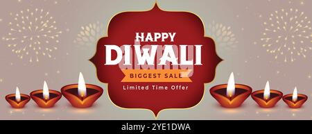 happy diwali plus grande bannière de vente avec diya et décoration de feu de cheminée vecteur Illustration de Vecteur