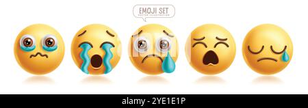 Emoji pleurant émoticône jeu de vecteur de caractères. Emojis caractère icône 3d dans le visage triste, solitaire, pleurs, larmes et graphique d'expression faciale déçu Illustration de Vecteur