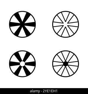 Icônes de roue. Quatre variantes de conceptions de roues radiales simples. Formes vectorielles géométriques. Ensemble graphique minimaliste. Illustration de Vecteur