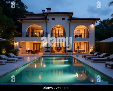 Luxueuse villa méditerranéenne la nuit avec vue sur la piscine fenêtres illuminées atmosphère chaleureuse et confortable en Italie. Découvrez l'ambiance enchanteresse d'un luxe Banque D'Images