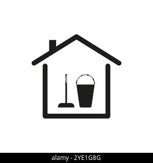 Icône outils de nettoyage. Symbole de forme de maison. Vecteur de vadrouille et de seau. Motif de contour noir. Illustration de Vecteur