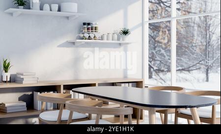 Le design intérieur d'une salle à manger blanche minimaliste près de la fenêtre, avec une table à manger simple, une bibliothèque, un décor à la maison et une vue sur l'extérieur de l'hiver Banque D'Images