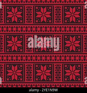 Quadrillage carré monochrome pixel art point de croix motif floral sans couture en rouge sur fond noir. Conçu pour les textures de tissu, les impressions textiles, le mur Illustration de Vecteur