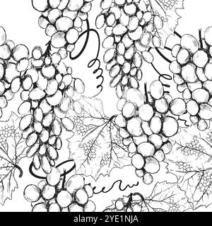 Une illustration élégante en noir et blanc de raisins et de feuilles détaillées, idéale pour rehausser les motifs vinethemed. Graphiques vectoriels en noir et blanc dessinés à la main en dessin au trait pour l'impression sur papier et tissu. Illustration de Vecteur