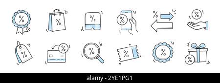 Jeu d'icônes de vente à rabais Doodle. Pourcentage de réduction, coupon de vente de magasin dessiné à la main ligne de dessin stylo icône de style de trait. Offre spéciale esquisse doodle Drawn Collection. Illustration vectorielle Illustration de Vecteur