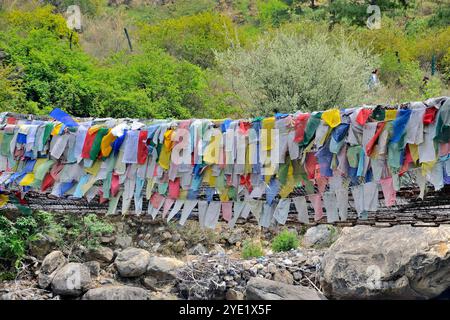 Vue partielle du pont de la chaîne de fer, également connu sous le nom de pont Tamchoe ou Tachog Lhakhang, traverse le Paro Chhu (rivière) jusqu'au Dzong, chokha, Bhoutan Banque D'Images