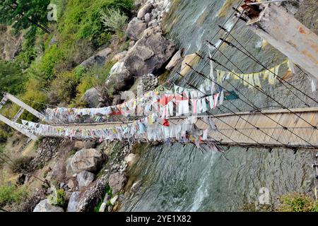 Vue partielle du pont de la chaîne de fer, également connu sous le nom de pont Tamchoe ou Tachog Lhakhang, traverse le Paro Chhu (rivière) jusqu'au Dzong, chokha, Bhoutan Banque D'Images