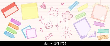 Doodle note d'école autocollante. Forme de bloc de texte pour agenda. Flèche de surbrillance dessinée à la main et bordure de craie rugueuse. Accent important sur le crayon pour ordinateur portable. Grunge mignon message pictogramme Illustration de Vecteur