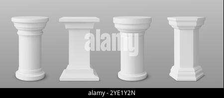 3d podium pilier blanc. Vecteur de support de colonne de musée pour l'affichage de produit. Scène d'exposition vide de forme ronde et carrée. Sculpture d'art de fondation en marbre grec ou romain réaliste avec niveau de socle. Illustration de Vecteur