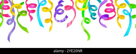 Fond festif. Bordure supérieure sans couture de rubans serpentin multicolores suspendus et tombant d'en haut. Motif sans fin isolé à l'aquarelle pour BI Banque D'Images