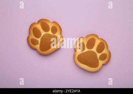 Cookies de patte de chat auto-faits sur fond violet. Vue de dessus Banque D'Images