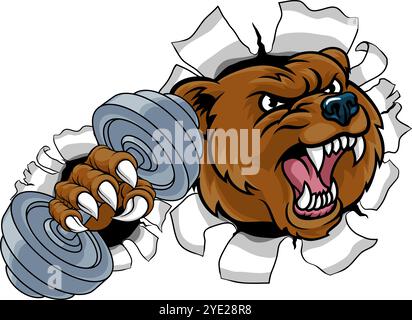 Bear Grizzly Weight Lifting Dumbbell Gym Mascot Illustration de Vecteur