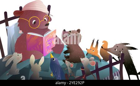 Bear Lire le livre de conte de fées aux animaux avant de dormir Illustration de Vecteur