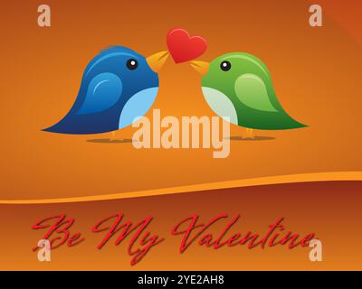 Deux oiseaux tenant un cœur dans leurs becs. Sois ma Valentine. Les oiseaux sont bleus et verts Illustration de Vecteur