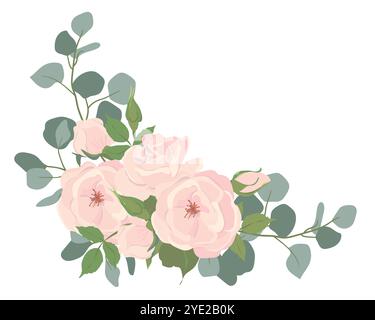 Bouquet de roses rose clair et branches d'eucalyptus. Composition en coin de belles fleurs, bourgeons, feuilles isolées sur fond. ILLE floral vecteur Illustration de Vecteur