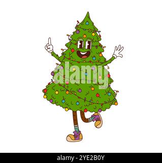 Groovy personnage de pin de Noël dans le dessin animé rétro pour les vacances d'hiver, emoji vecteur. Sapin de Noël drôle avec une émotion funky et un rire heureux ou une danse avec des décorations et des lumières de Noël Illustration de Vecteur