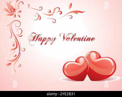 Carte avec deux coeurs et les mots « Happy Valentine » écrits en rouge. La carte est rose et a un motif floral Illustration de Vecteur