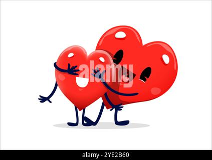 Dessin animé couple mignon de personnages de coeur avec devinez qui mains sur les yeux, émoticônes vectorielles emoji. Personnage de cœur joyeux faisant une surprise romantique avec les yeux fermés pour la Saint-Valentin ou l'amour de mariage Illustration de Vecteur