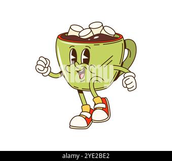 Dessin animé groovy Noël caractère de tasse de chocolat chaud orné de guimauves. Mug vert vecteur isolé, boisson au cacao avec le visage joyeux profitant de la saison des fêtes avec une ambiance ludique de vacances Illustration de Vecteur