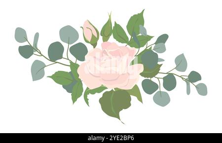 Bouquet de roses rose clair et branches d'eucalyptus. Composition de belles fleurs de différentes formes, bourgeons et feuilles isolés sur fond. VEC Illustration de Vecteur