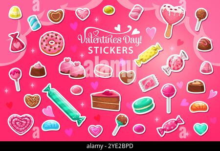 Bonbons de Saint-Valentin, bonbons et Lollypops autocollants vectoriels. Jolis chocolats en forme de coeur, guimauves, sucettes, macarons, beignets et gâteaux sur fond rose orné de coeurs et d'étincelles Illustration de Vecteur