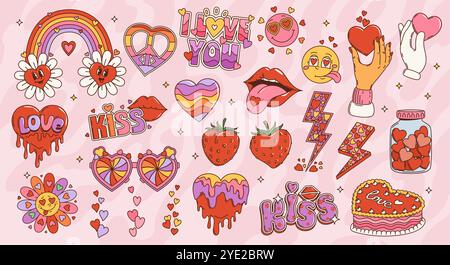 Dessins animés rétro groovy hippie Love symboles et signes. Vector vintage amour coeurs, fleurs et arc-en-ciel, lunettes de soleil funky, lèvres, fraises et baiser emojis. Signe de paix hippy psychédélique, main avec cœur Illustration de Vecteur
