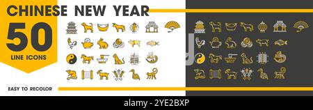 Icônes lunaires chinoises du nouvel an des signes du zodiaque et des symboles de chance, vecteur de ligne. Nouvel an lunaire chinois et icônes de vacances de Chine des animaux horoscope, dragon et temple, feux d'artifice et carpe ou Yin Yang signe Illustration de Vecteur