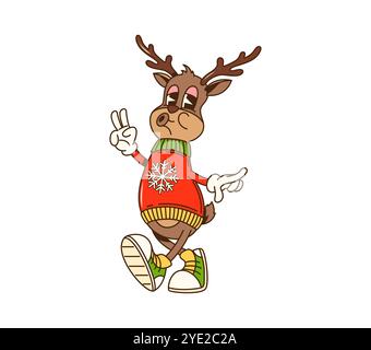 Personnage de cerf de Noël groovy de dessin animé habillé dans un pull et des baskets colorées. Personnage animal de renne vecteur isolé prêt pour la célébration festive de la saison de Noël. Animal des fêtes joyeux et funky Illustration de Vecteur