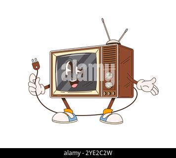Personnage de télévision groovy rétro de dessin animé tient une prise dans une main. Vecteur isolé zany, personnage de télévision rétro avec des yeux expressifs et un large sourire charismatique, exsudant l'ambiance vintage des années 70 ou 60 Illustration de Vecteur