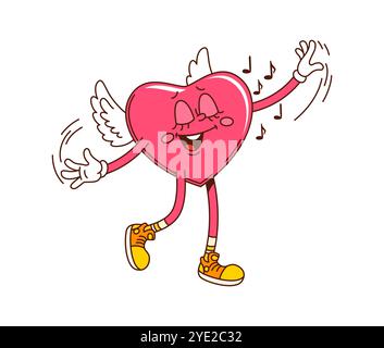 Le personnage de cœur de dessin animé groovy avec des ailes et des baskets danse joyeusement sur des notes de musique, incarnant l'amour et le bonheur le jour de la Saint-Valentin. Symbole isolé de personnage rétro vecteur d'affection ou de célébration Illustration de Vecteur