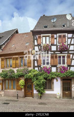 Rue avec maisons historiques à Ribeauville, Alsace, France, Europe Banque D'Images