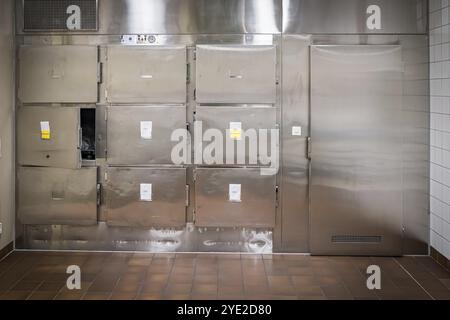 Hôpital, morgue, pathologie, chambre froide avec portes métalliques et environnement stérile, murs et sol carrelés, Allemagne, Europe Banque D'Images