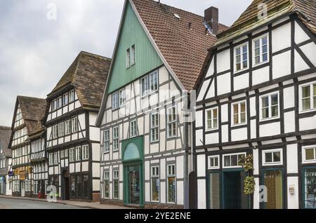 Rue avec maisons historiques à colombages à Hoxter, Allemagne, Europe Banque D'Images