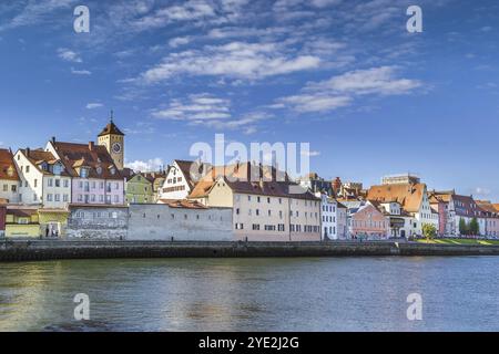 Vue panoramique du centre historique de Regensburg depuis le Danube, Allemagne, Europe Banque D'Images