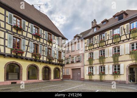 Rue avec maisons historiques à Ribeauville, Alsace, France, Europe Banque D'Images