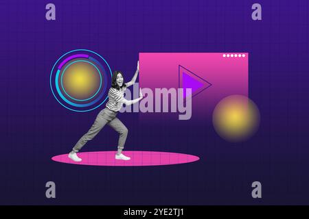 Illustration de tendance composite collage de photos croquis 3D de cyberespace effet de simulation virtuelle future jeune femme tirer pousser fenêtre jouer marche Banque D'Images